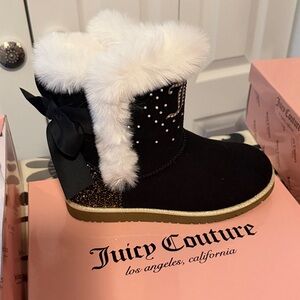 Juicy Couture Black Boots with White Fur and Gold Accents NEW NEW WITH TAGS